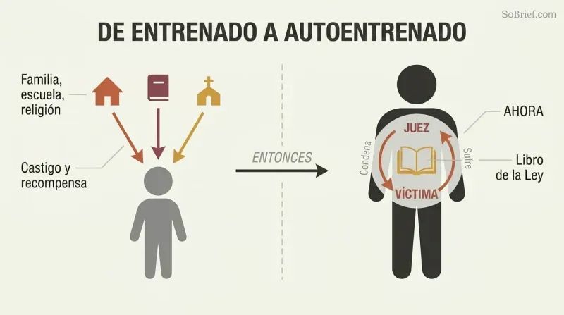 Split panel showing external forces training a child on the left, transitioning to an adult with a self-reinforcing Judge-Victim loop inside on the right.