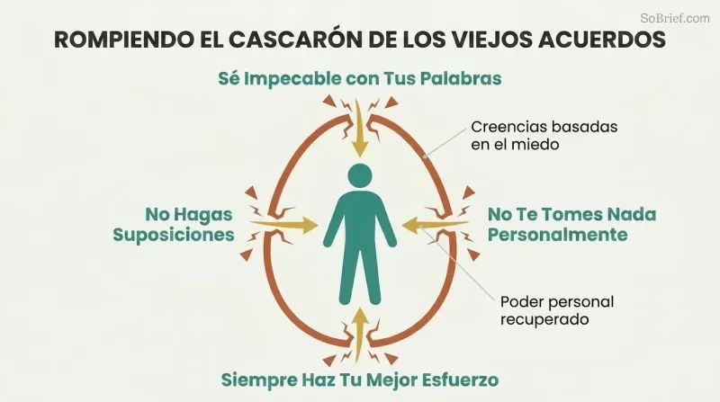 Human silhouette at center surrounded by a cracking shell with four fracture points labeled as the four agreements, energy rays flowing inward through each crack.