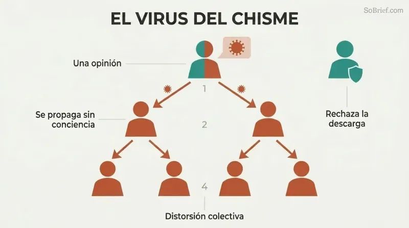 Branching tree of human silhouettes showing one person's gossip spreading downward to two then four people, each figure shifting from teal to terracotta as the mental virus propagates.