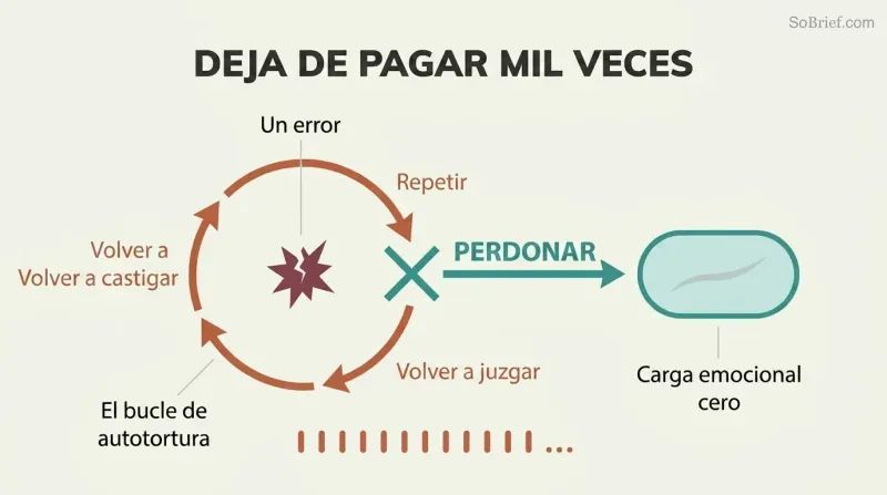 Circular loop of replay, re-judge, and re-punish around a wound, broken open by forgiveness leading to a healed scar with no emotional charge.