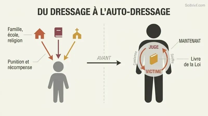 Split panel showing external forces training a child on the left, transitioning to an adult with a self-reinforcing Judge-Victim loop inside on the right.