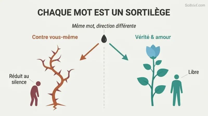 Split panel showing the same seed-word growing into thorns on the left (careless words) and a flourishing plant on the right (impeccable words), illustrating how language shapes lives.