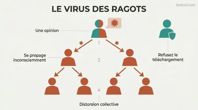 Branching tree of human silhouettes showing one person's gossip spreading downward to two then four people, each figure shifting from teal to terracotta as the mental virus propagates.