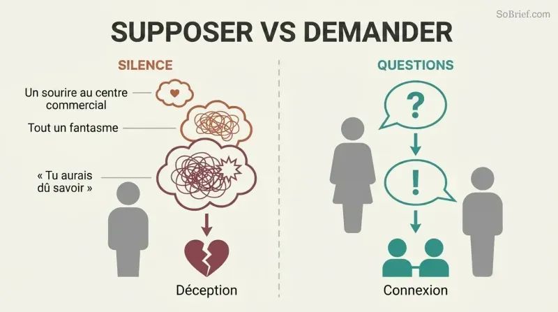 Split panel comparing how assumptions build fictional narratives leading to betrayal, while asking questions creates clarity and real connection.