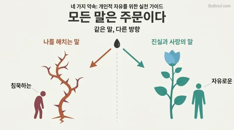 Split panel showing the same seed-word growing into thorns on the left (careless words) and a flourishing plant on the right (impeccable words), illustrating how language shapes lives.