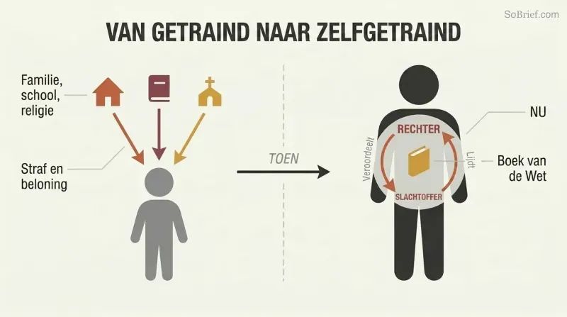 Split panel showing external forces training a child on the left, transitioning to an adult with a self-reinforcing Judge-Victim loop inside on the right.