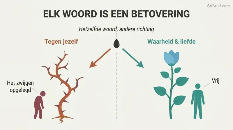Split panel showing the same seed-word growing into thorns on the left (careless words) and a flourishing plant on the right (impeccable words), illustrating how language shapes lives.