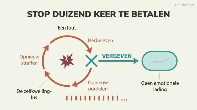 Circular loop of replay, re-judge, and re-punish around a wound, broken open by forgiveness leading to a healed scar with no emotional charge.