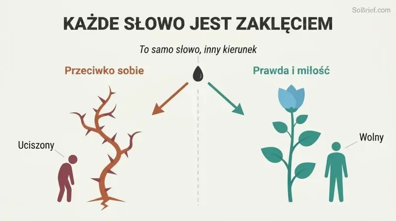 Split panel showing the same seed-word growing into thorns on the left (careless words) and a flourishing plant on the right (impeccable words), illustrating how language shapes lives.