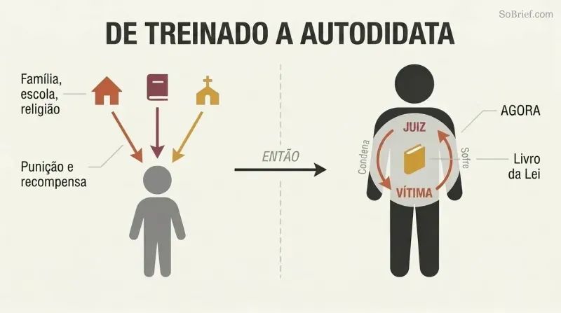 Split panel showing external forces training a child on the left, transitioning to an adult with a self-reinforcing Judge-Victim loop inside on the right.