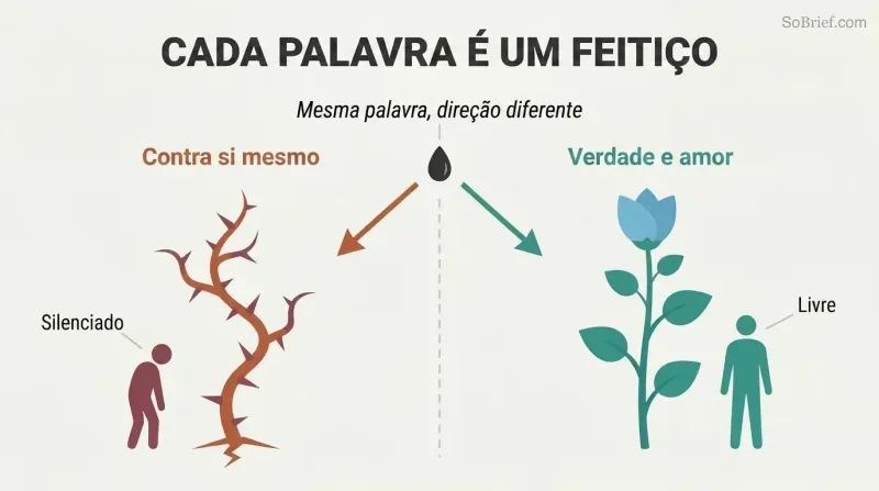 Split panel showing the same seed-word growing into thorns on the left (careless words) and a flourishing plant on the right (impeccable words), illustrating how language shapes lives.