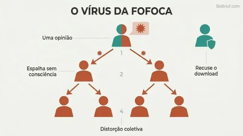 Branching tree of human silhouettes showing one person's gossip spreading downward to two then four people, each figure shifting from teal to terracotta as the mental virus propagates.
