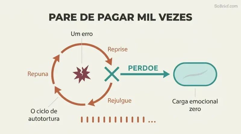 Circular loop of replay, re-judge, and re-punish around a wound, broken open by forgiveness leading to a healed scar with no emotional charge.