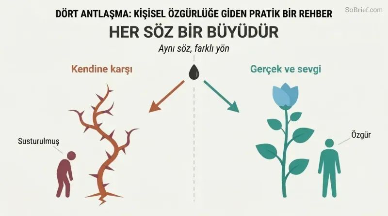 Split panel showing the same seed-word growing into thorns on the left (careless words) and a flourishing plant on the right (impeccable words), illustrating how language shapes lives.