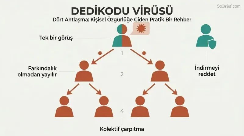 Branching tree of human silhouettes showing one person's gossip spreading downward to two then four people, each figure shifting from teal to terracotta as the mental virus propagates.