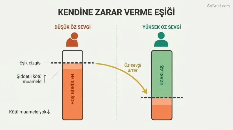 Split panel comparing two vertical gauges where low self-love sets a high tolerance for external mistreatment, while high self-love raises the rejection threshold.