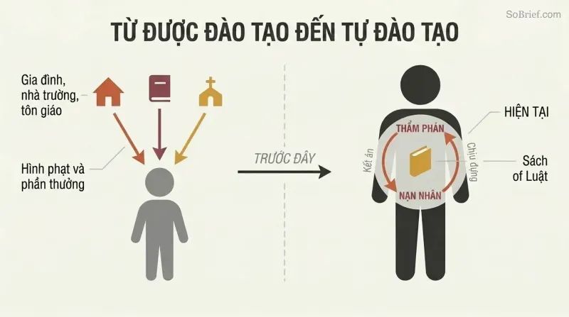 Split panel showing external forces training a child on the left, transitioning to an adult with a self-reinforcing Judge-Victim loop inside on the right.
