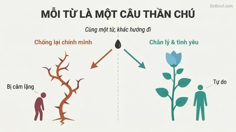 Split panel showing the same seed-word growing into thorns on the left (careless words) and a flourishing plant on the right (impeccable words), illustrating how language shapes lives.