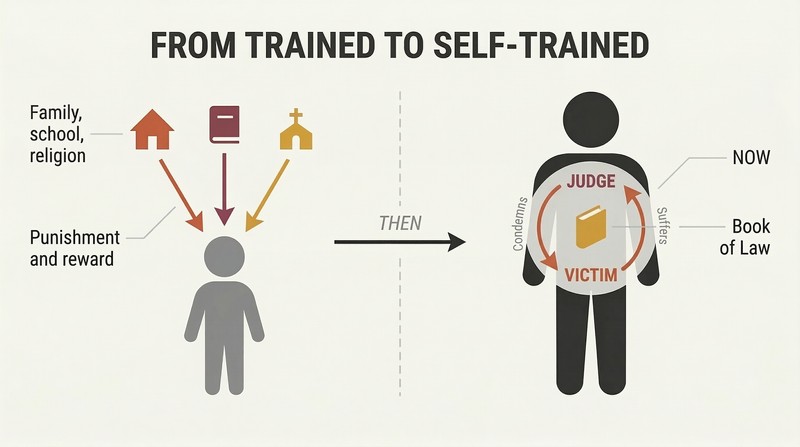 Split panel showing external forces training a child on the left, transitioning to an adult with a self-reinforcing Judge-Victim loop inside on the right.