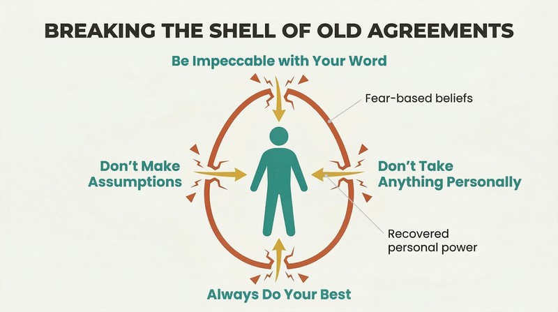 Human silhouette at center surrounded by a cracking shell with four fracture points labeled as the four agreements, energy rays flowing inward through each crack.