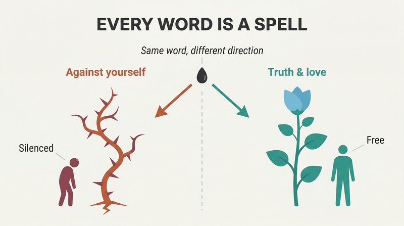 Split panel showing the same seed-word growing into thorns on the left (careless words) and a flourishing plant on the right (impeccable words), illustrating how language shapes lives.