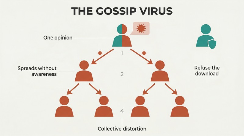 Branching tree of human silhouettes showing one person's gossip spreading downward to two then four people, each figure shifting from teal to terracotta as the mental virus propagates.