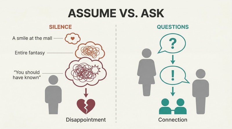 Split panel comparing how assumptions build fictional narratives leading to betrayal, while asking questions creates clarity and real connection.