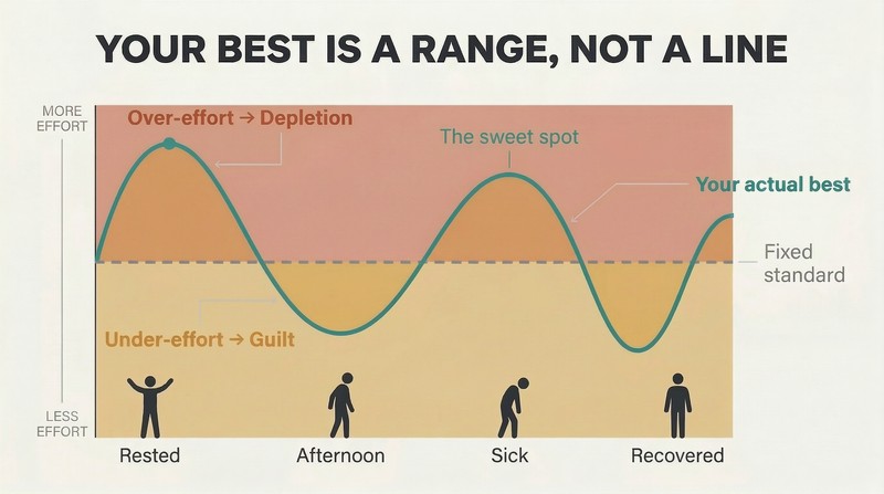 Fluctuating wave showing how personal best varies across energy states, with depletion zone above and guilt zone below the moving sweet spot.