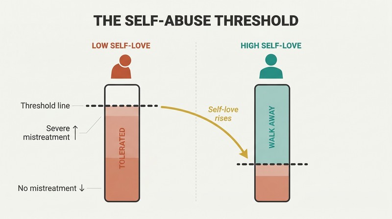 Split panel comparing two vertical gauges where low self-love sets a high tolerance for external mistreatment, while high self-love raises the rejection threshold.