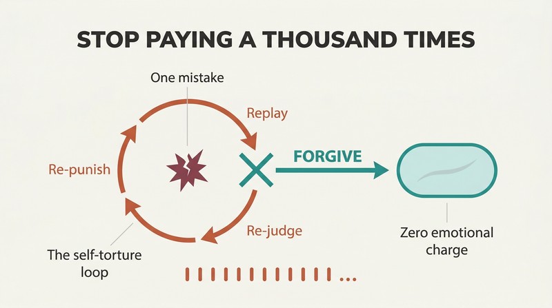 Circular loop of replay, re-judge, and re-punish around a wound, broken open by forgiveness leading to a healed scar with no emotional charge.