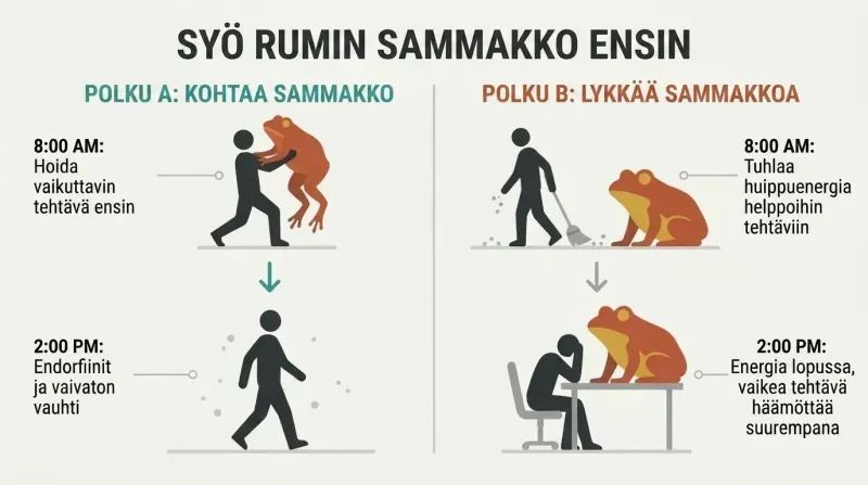 Split panel diagram comparing the consequences of tackling your hardest task first thing in the morning versus delaying it.
