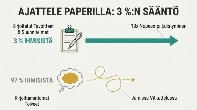 A split-track comparison showing the 3 percent of people with written goals achieving massive, straight-line progress while the 97 percent with unwritten wishes wander slowly.
