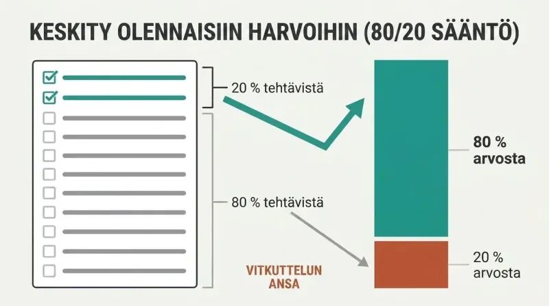 Split flow diagram comparing a 10-item checklist where the top 20 percent of tasks yield 80 percent of the value, while the remaining 80 percent of tasks yield only 20 percent of the value.