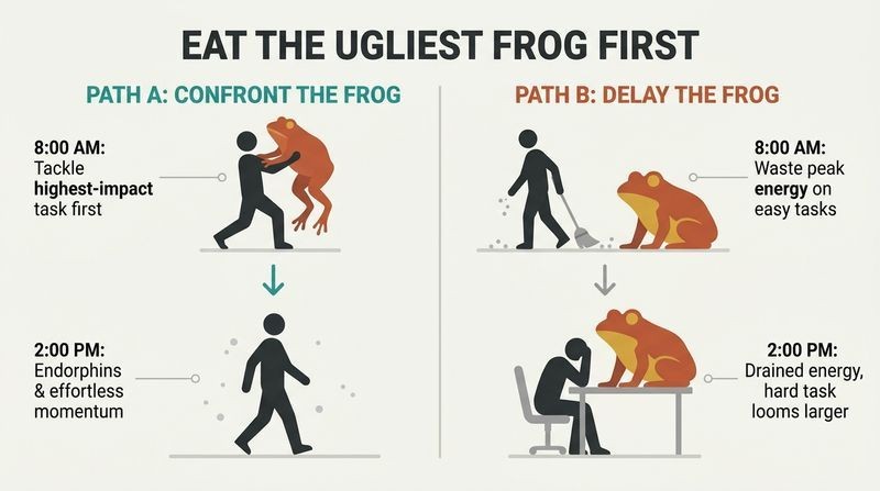 Split panel diagram comparing the consequences of tackling your hardest task first thing in the morning versus delaying it.