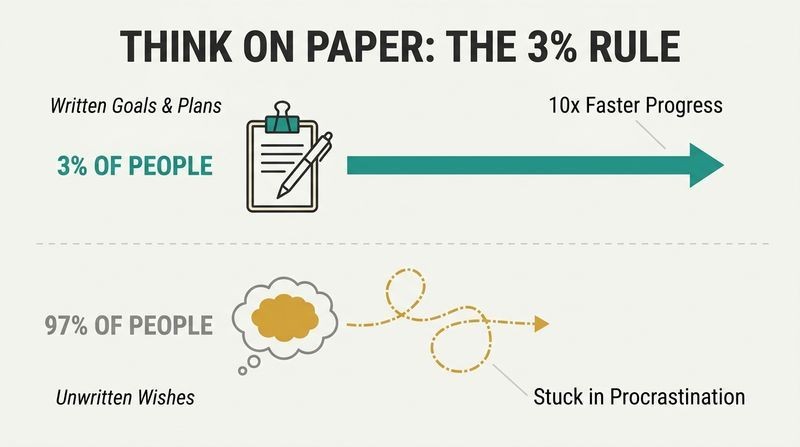 A split-track comparison showing the 3 percent of people with written goals achieving massive, straight-line progress while the 97 percent with unwritten wishes wander slowly.