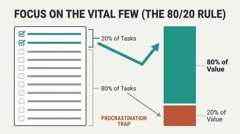 Split flow diagram comparing a 10-item checklist where the top 20 percent of tasks yield 80 percent of the value, while the remaining 80 percent of tasks yield only 20 percent of the value.