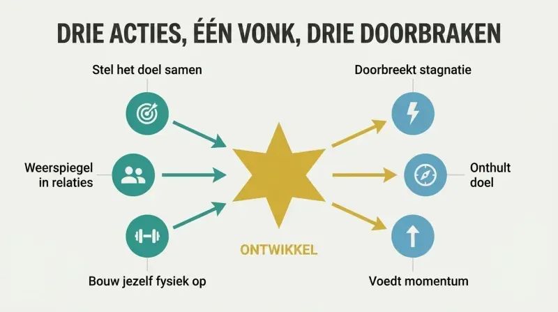 Three actions converge into a central golden spark that radiates three simultaneous outcomes, showing how integrated self-development solves stagnation, purpose, and success at once.