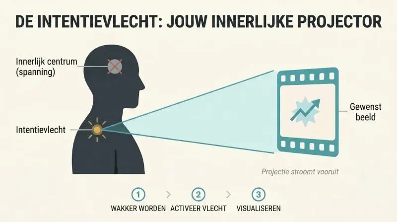 Side-view human silhouette with a glowing point between the shoulders projecting a beam of light forward onto a bright film frame, while the forehead centre is dimmed and crossed out.