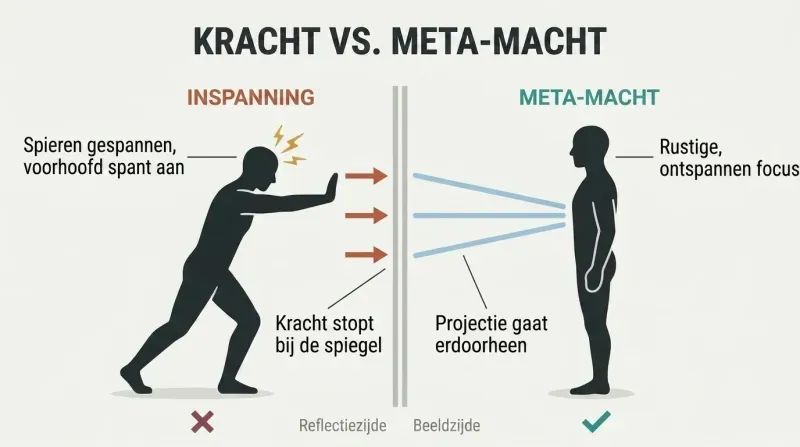 Split panel divided by a vertical mirror line comparing a tense straining figure on the left with a calm relaxed figure gently projecting light on the right.