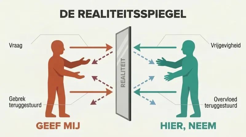 Split panel divided by a central mirror showing a demanding figure receiving negativity back on the left versus a giving figure receiving positivity back on the right.