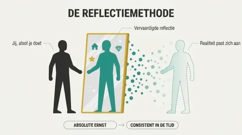 A figure stands before a mirror whose reflection shows the desired life, with particles flowing outward from the mirror surface as the fabrication becomes reality.