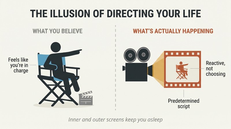 Split panel contrasting a figure who believes they are a film director with the same figure revealed as a character trapped inside a projected filmstrip frame.