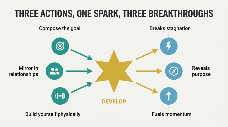 Three actions converge into a central golden spark that radiates three simultaneous outcomes, showing how integrated self-development solves stagnation, purpose, and success at once.