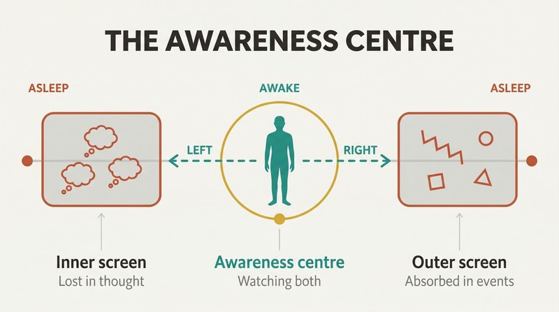 Spectrum showing a silhouette standing at the midpoint between an inner thought screen and an outer events screen, representing the dual-awareness sweet spot.