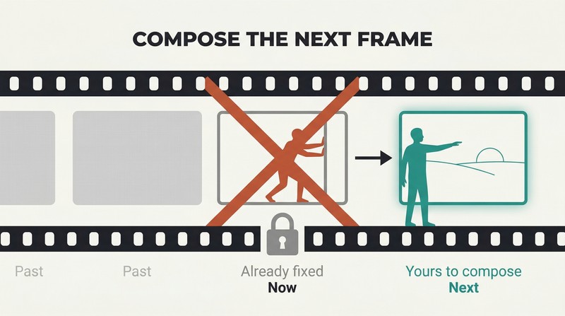 Film strip showing a locked current frame marked with an X beside a glowing next frame being composed by a silhouette figure, illustrating the shift from wrestling the present to designing the future.