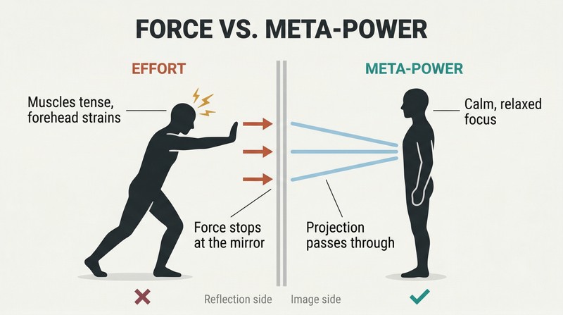 Split panel divided by a vertical mirror line comparing a tense straining figure on the left with a calm relaxed figure gently projecting light on the right.