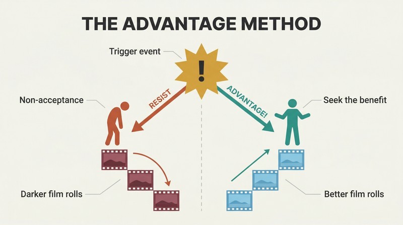Fork diagram showing a single disruptive event splitting into two paths: resistance leading to a darker spiral versus exclaiming Advantage leading to an ascending bright outcome.