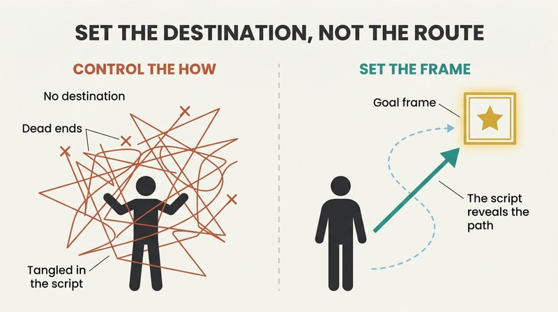 Split panel comparing a figure entangled in web-like paths from controlling the route versus a figure with one clean arrow reaching a glowing destination frame.