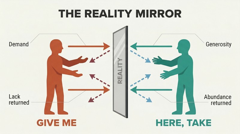 Split panel divided by a central mirror showing a demanding figure receiving negativity back on the left versus a giving figure receiving positivity back on the right.