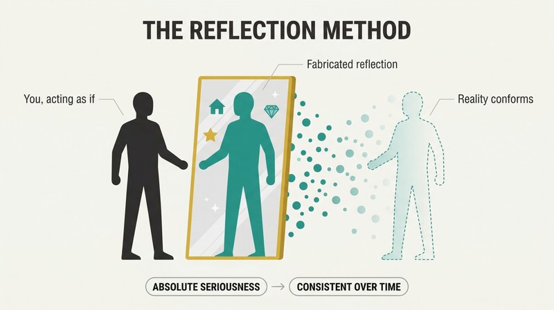 A figure stands before a mirror whose reflection shows the desired life, with particles flowing outward from the mirror surface as the fabrication becomes reality.